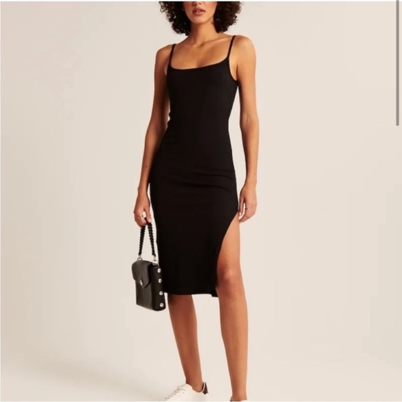 NWT Abercrombie & Fitch Black Spaghetti Strap Midi Dress with Slit Medium Petite - Picture 1 of 12